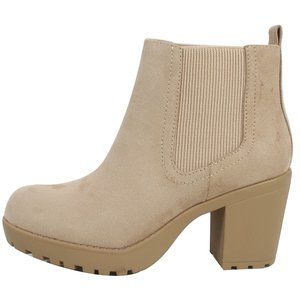 Light Wheat Faux Suede Chelsea Round Toe Lug Ankle Bootie